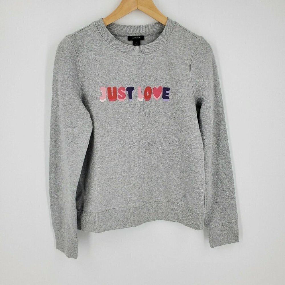 Halogen Gray Crewneck Sweatshirt with 'JUST LOVE' Multicolor Appliqué